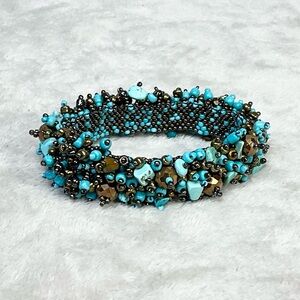 Guatemalan Turquoise Bronze Woven Beaded Cuff Bracelet